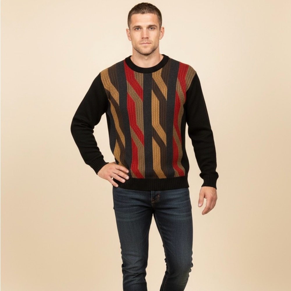 Vintage Men's Geometric Crewneck Sweater - Black, Brown, and Red